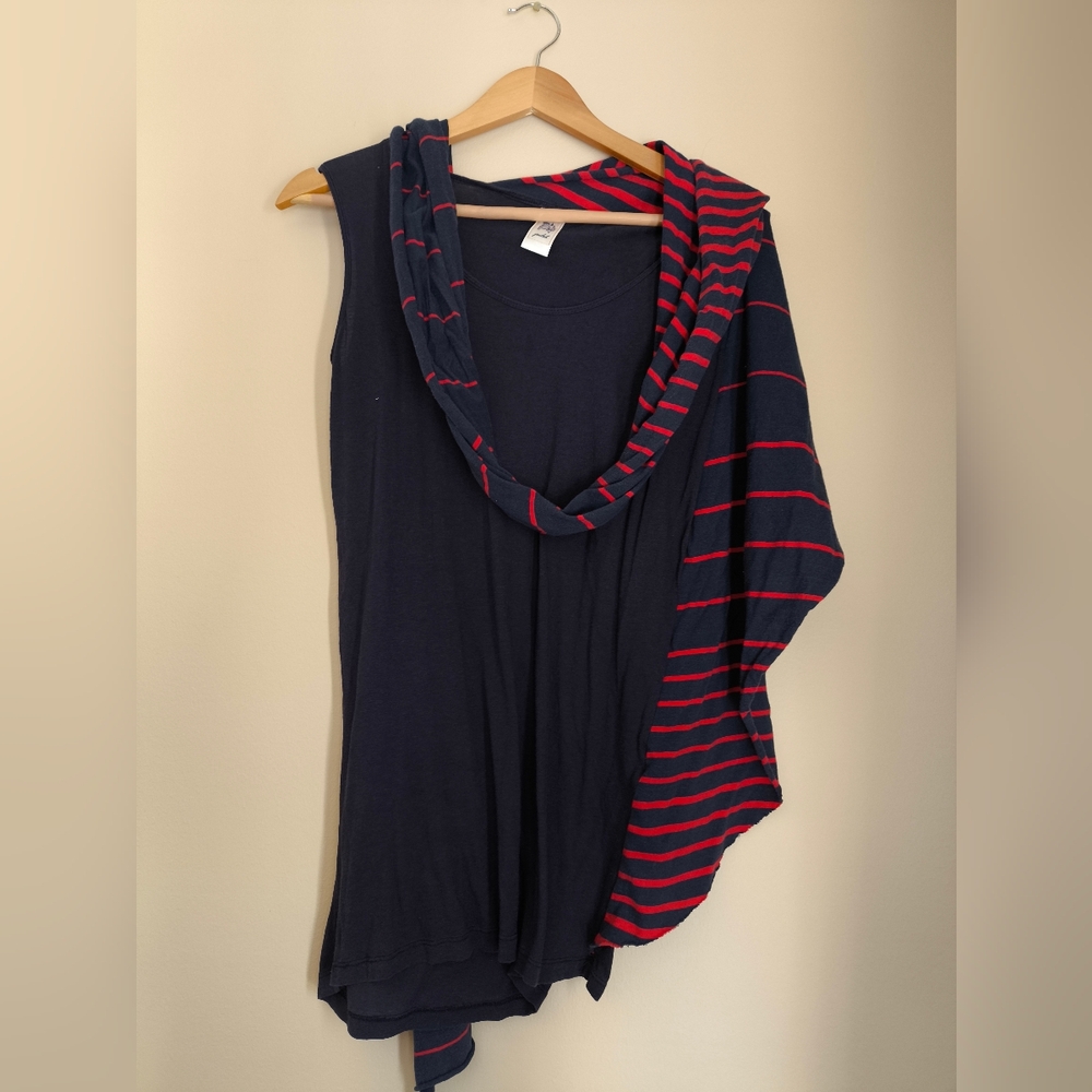 Navy and Red Striped Women's Top With Built In Scarf